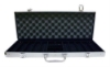 Open aluminum poker chip case showing chip compartments, 500-chip capacity