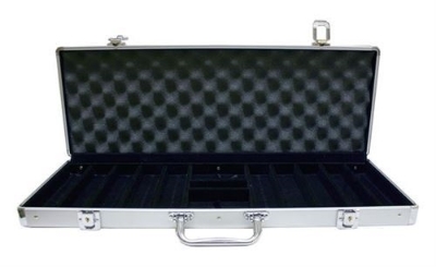 Open aluminum poker chip case showing chip compartments, 500-chip capacity