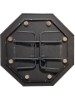 Underside of black octagonal poker table with folding legs