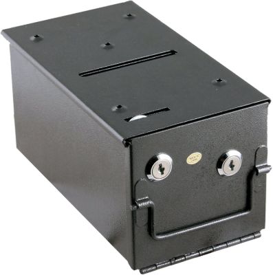 Black metal drop box with shield closed