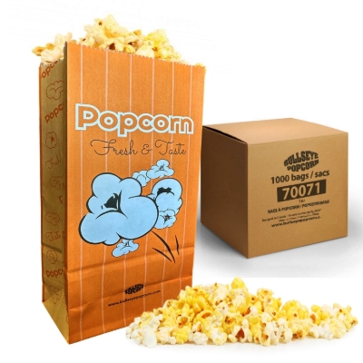 Orange popcorn bag 1oz with flat bottom and popcorn
